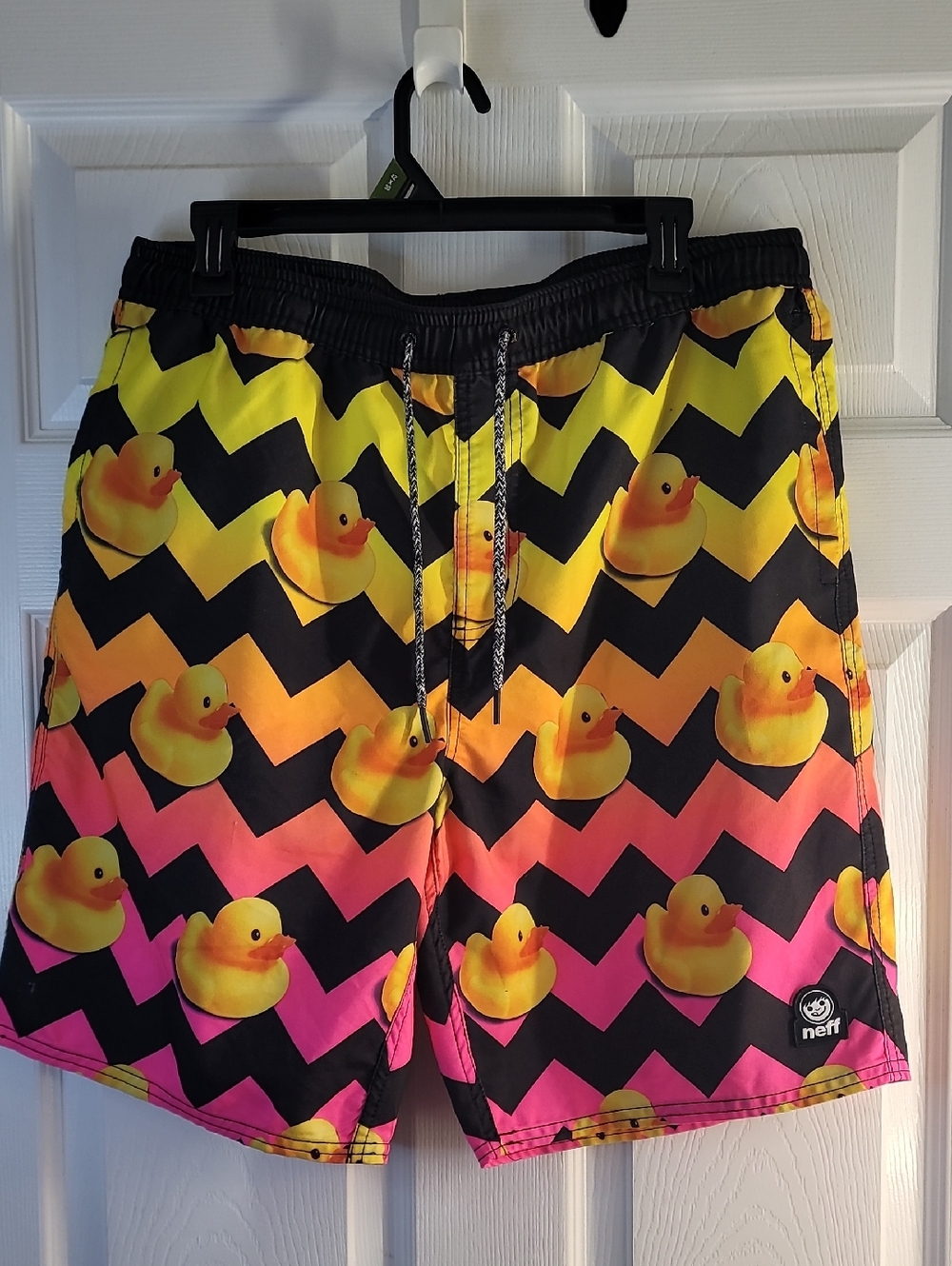 Neff Men’s Chevron Rubber Duck Swim Board Shorts - Yellow, Black, Pink, Orange